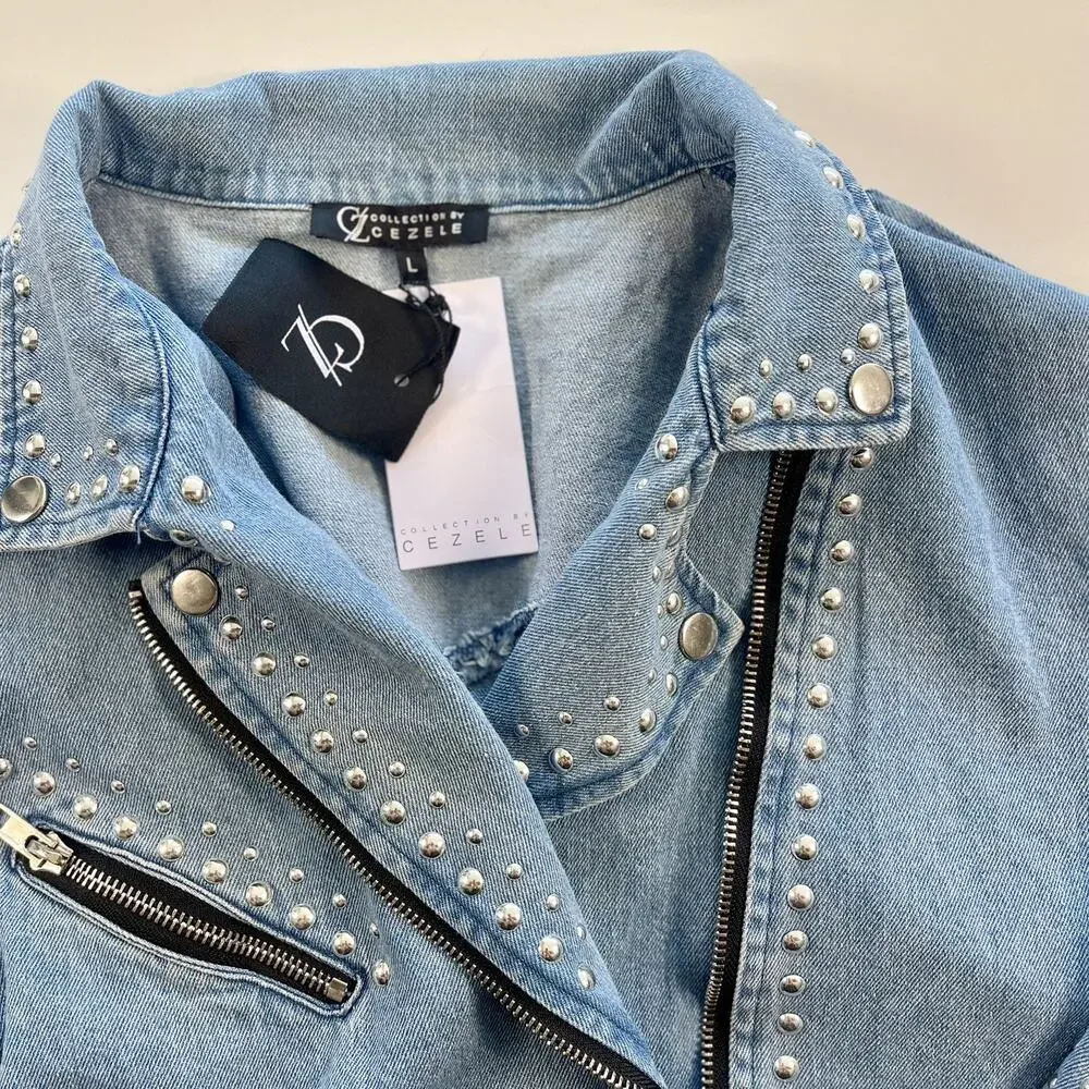 Cezele Studded Womens Denim Moto Jacket Large w/Tags Blue Western NWT - Picture 2 of 10